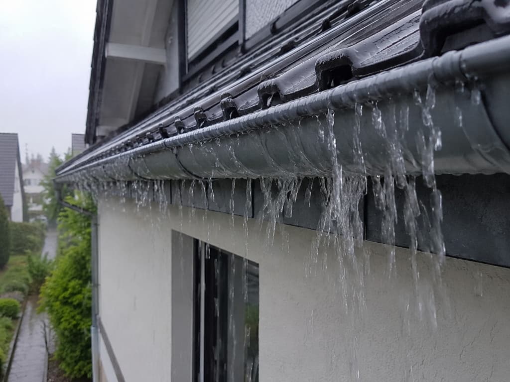 Verstopfte Dachrinne läuft über mit Regenwasser